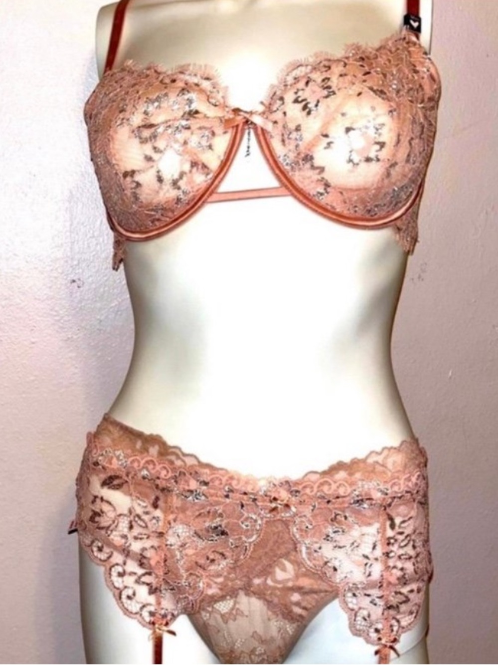 Delicate Blush Lace Underwire Bra & Garter Set - Picture 13 of 13